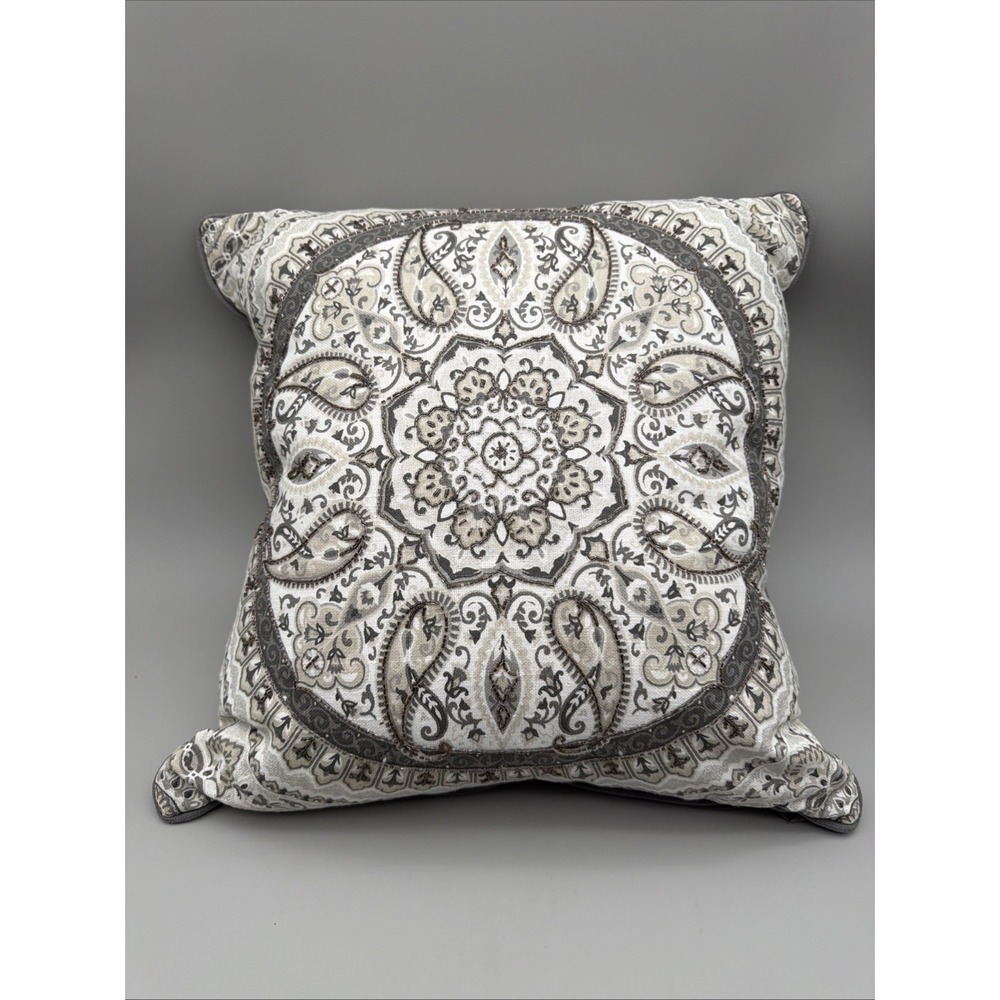 Set of 3 Beaded Medallion Decorative Pillows 18x18 Gray Ivory Paisley*